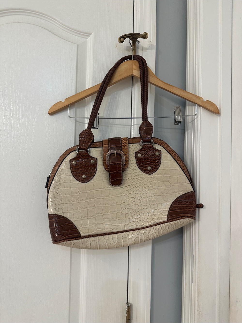 Women’s Two-Tone Croc-Embossed Satchel Bag in Cream and Brown